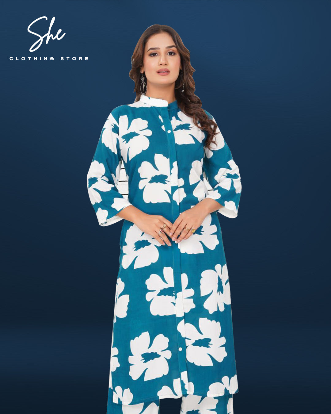 Panvi Rayon Print Co-Ord Set - Royal Blue