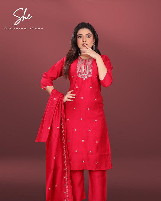 Gazal Roman Silk Red Salwar Suit
