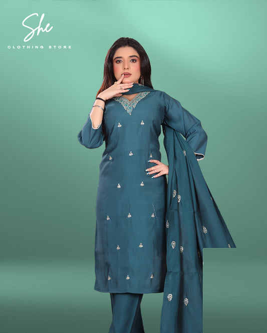 Gazal Roman Silk Turquoise Salwar Suit