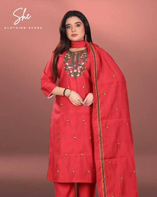 Gazal Roman Silk Red Floral Neck Salwar Suit