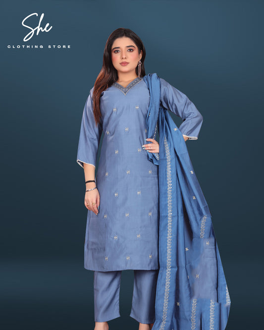Gazal Roman Silk Light Blue Salwar Suit