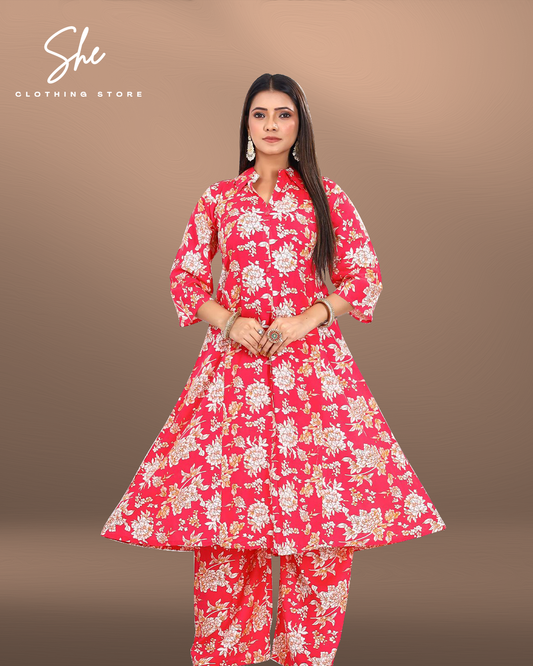 Garvi Printed Co-Ord Set - Red