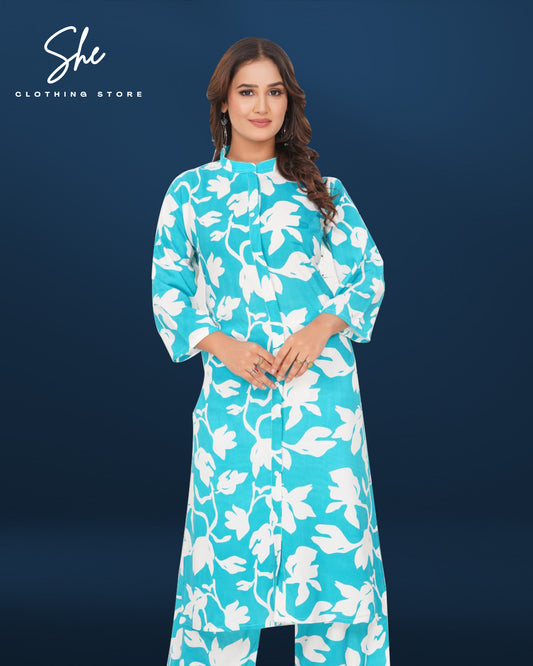Panvi Rayon Print Co-Ord Set - Blue