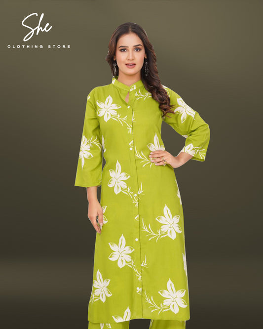 Panvi Rayon Print Co-Ord Set - Green Floral